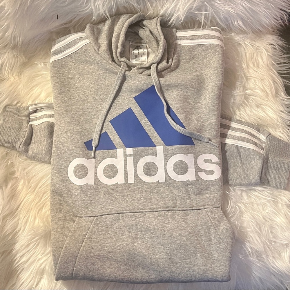 Adidas Grey and White Stripes Pullover Unisex Hoodie!
